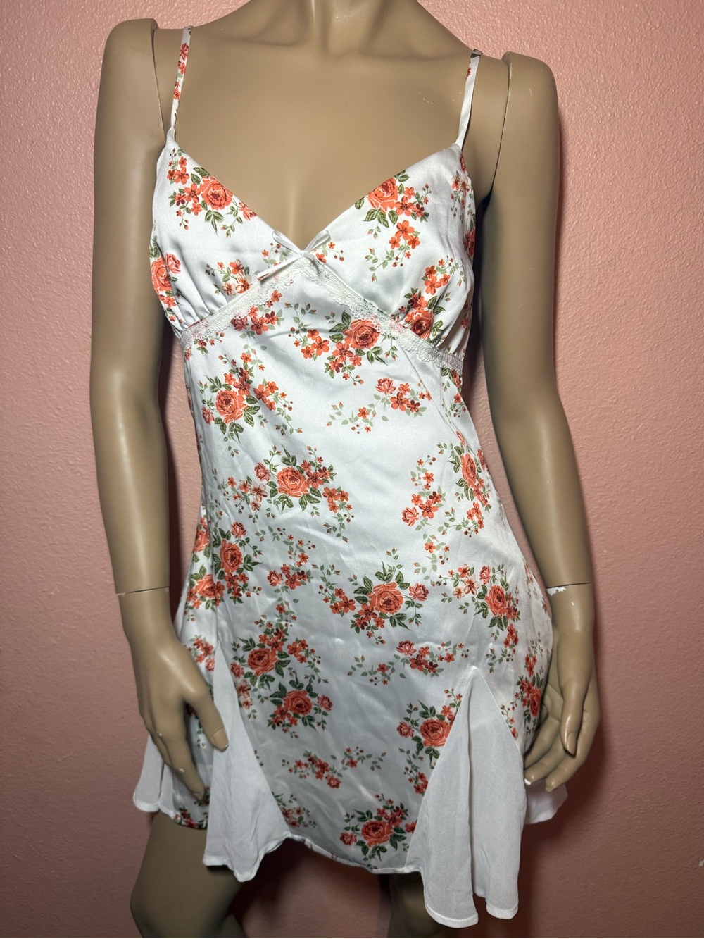 Forever 21 Floral Satin Slip Dress Cream Orange Roses Lace Trim Size M NWT